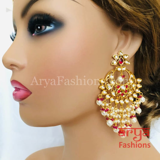 Anaira Red Pacchi Kundan Chandbali with Pearl Beads