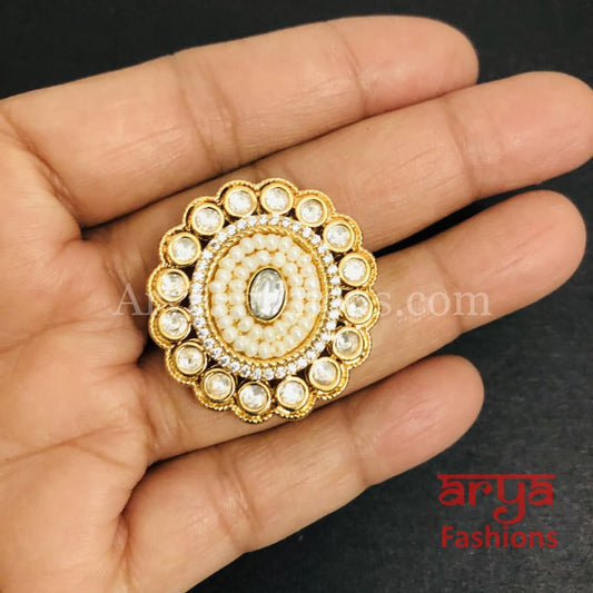 Esha Pearl Kundan Jadau CZ Round Ring