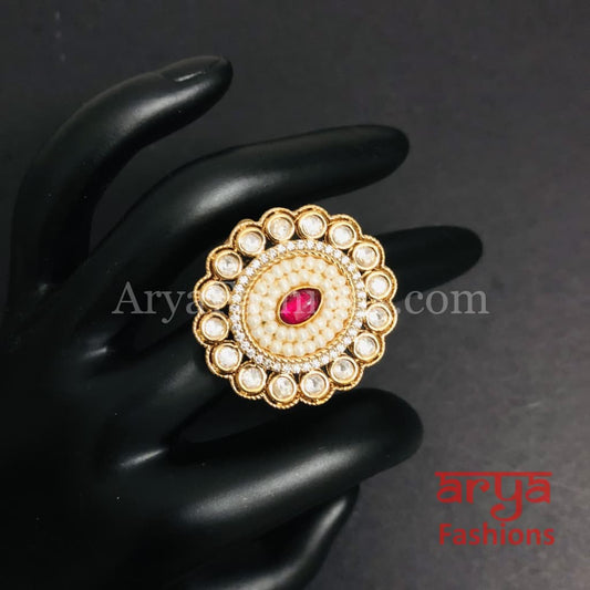 Esha Pearl Kundan Jadau CZ Round Ring