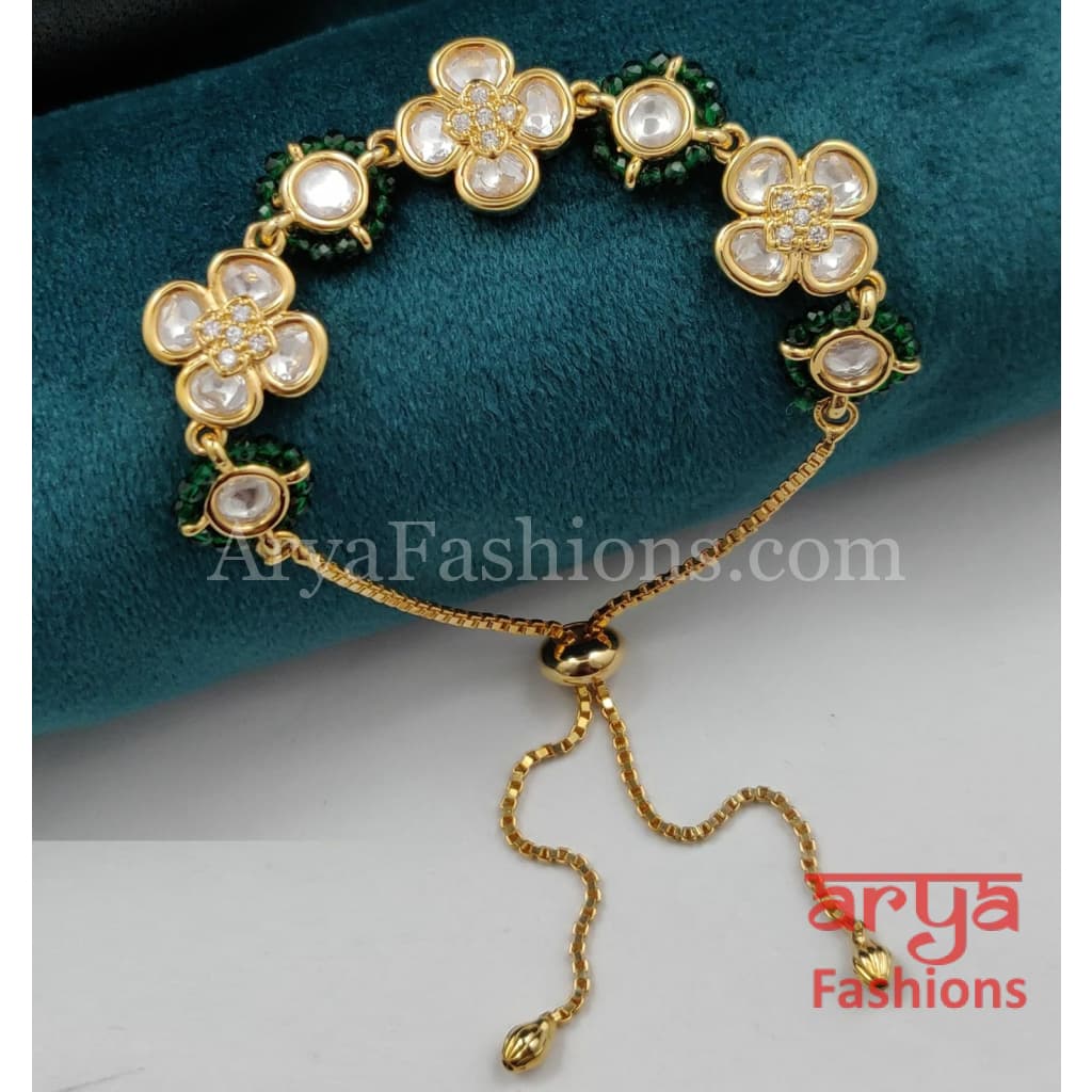 Golden Kundan CZ Chain Bracelet/ Adjustable Rakhi Bracelet for Girls