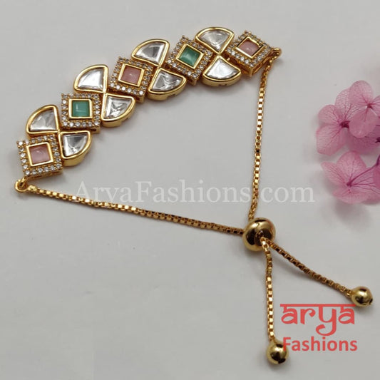 Golden Kundan CZ Chain Bracelet/ Adjustable Rakhi Bracelet for Girls