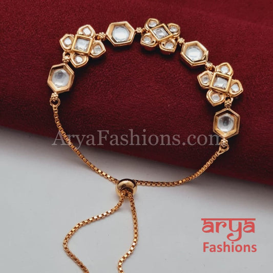 Golden Kundan CZ Chain Bracelet/ Adjustable Rakhi Bracelet for Girls