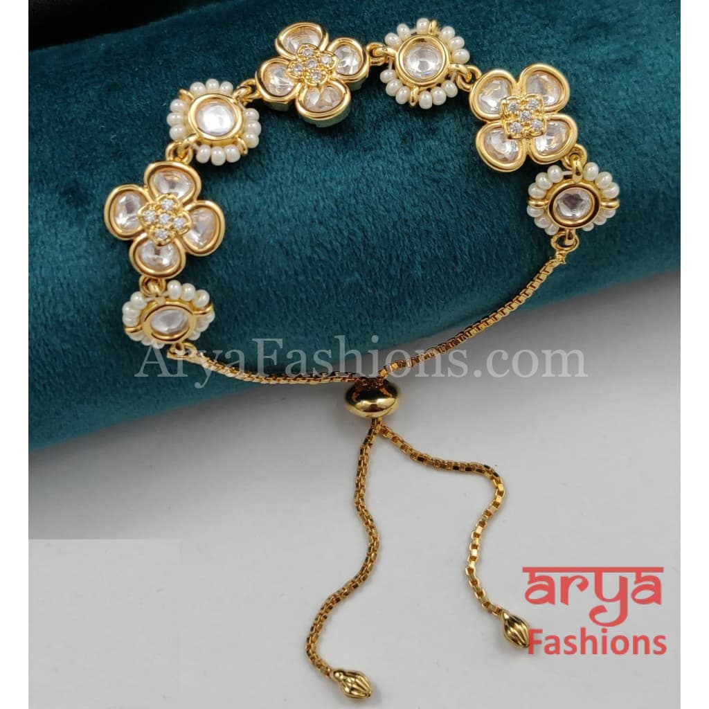 Golden Kundan CZ Chain Bracelet/ Adjustable Rakhi Bracelet for Girls