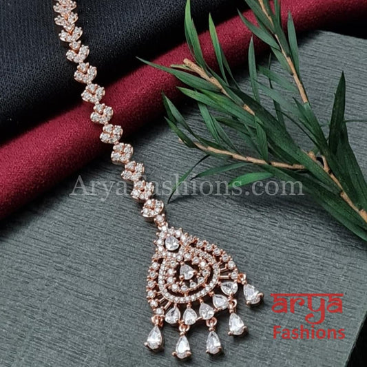 Oval Rose Gold Silver CZ Mang Tika/ Tikka