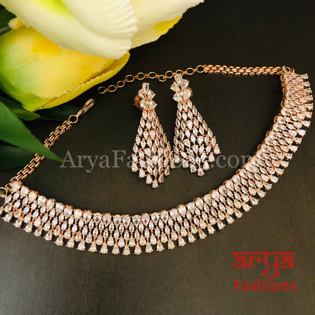 Rose Gold CZ Choker Necklace with Long Earrings / Silver Rhodium