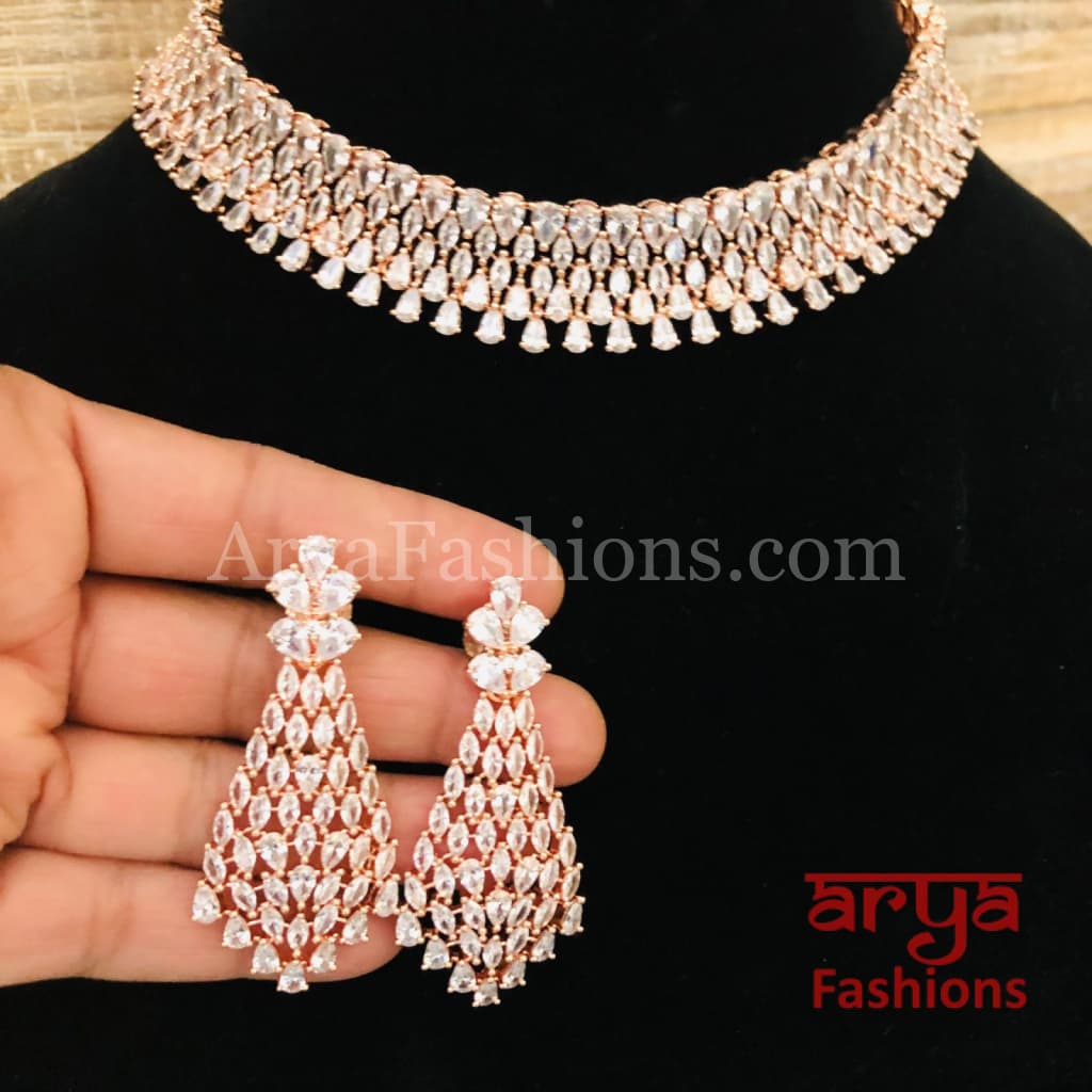 Rose Gold CZ Choker Necklace with Long Earrings / Silver Rhodium