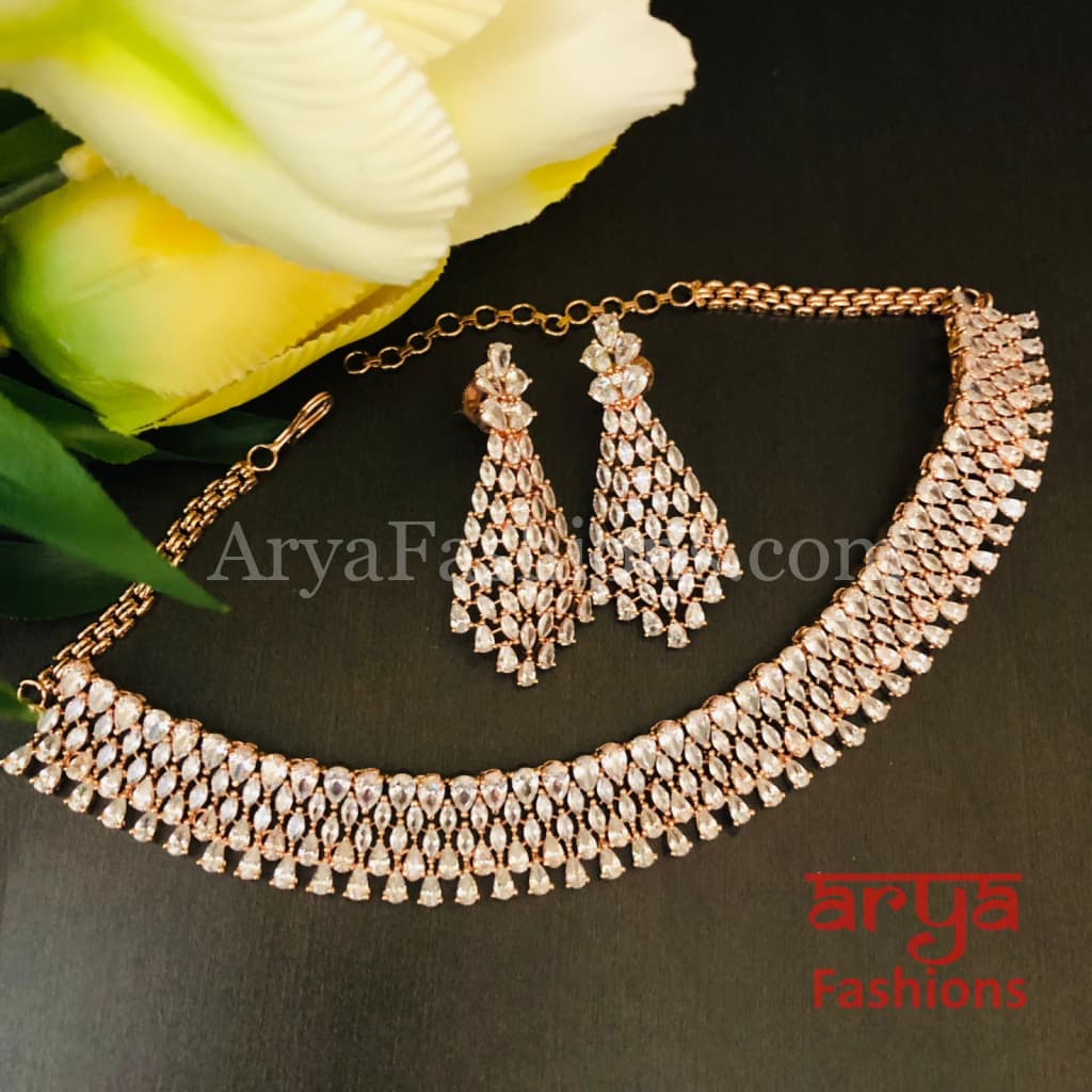 Rose Gold CZ Choker Necklace with Long Earrings / Silver Rhodium