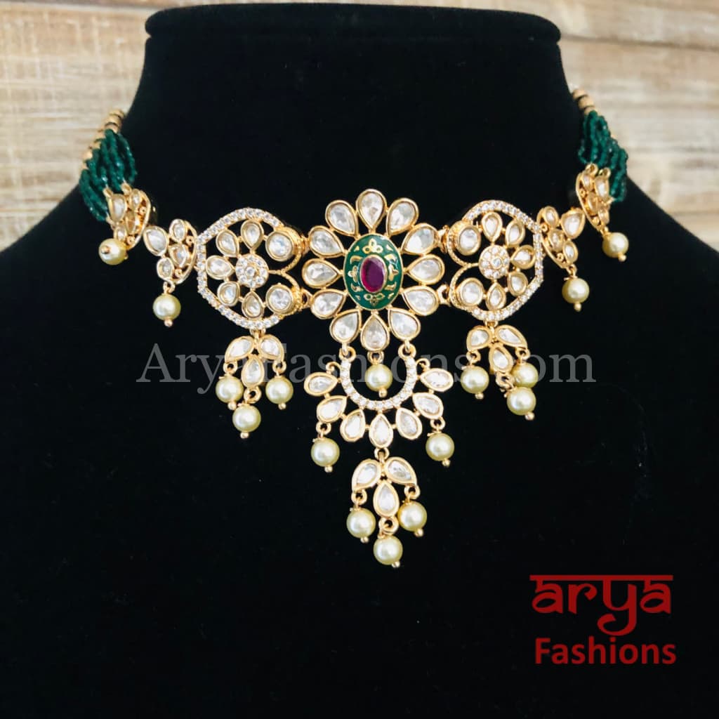 Ruby Rajwadi Pacchi Kundan delicate Choker/ Emerald CZ Jadau Choker