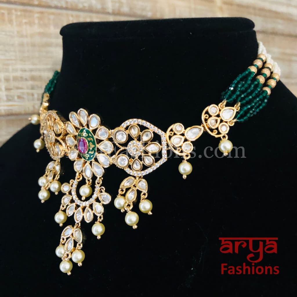 Ruby Rajwadi Pacchi Kundan delicate Choker/ Emerald CZ Jadau Choker