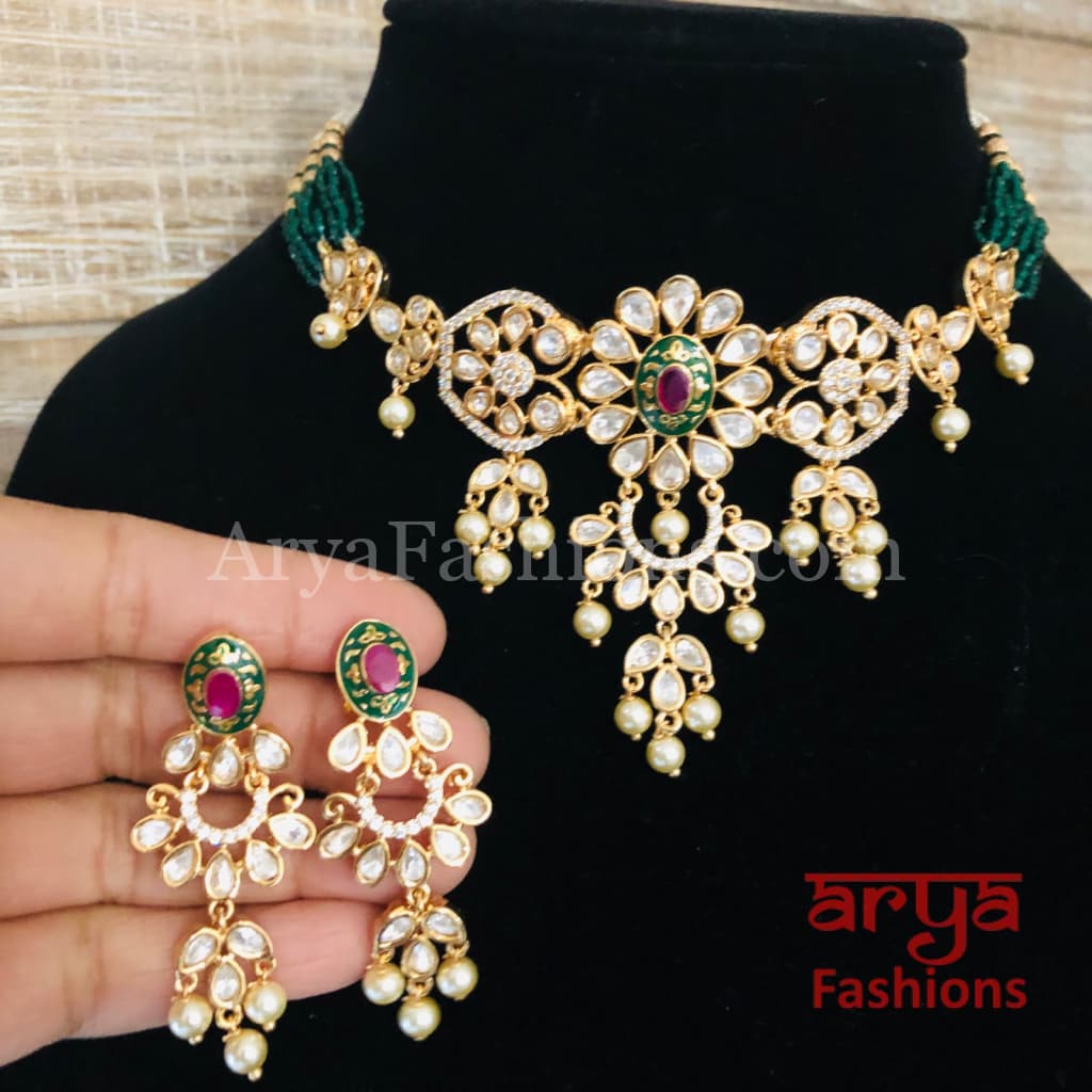 Ruby Rajwadi Pacchi Kundan delicate Choker/ Emerald CZ Jadau Choker