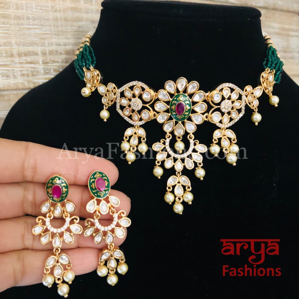 Ruby Rajwadi Pacchi Kundan delicate Choker/ Emerald CZ Jadau Choker