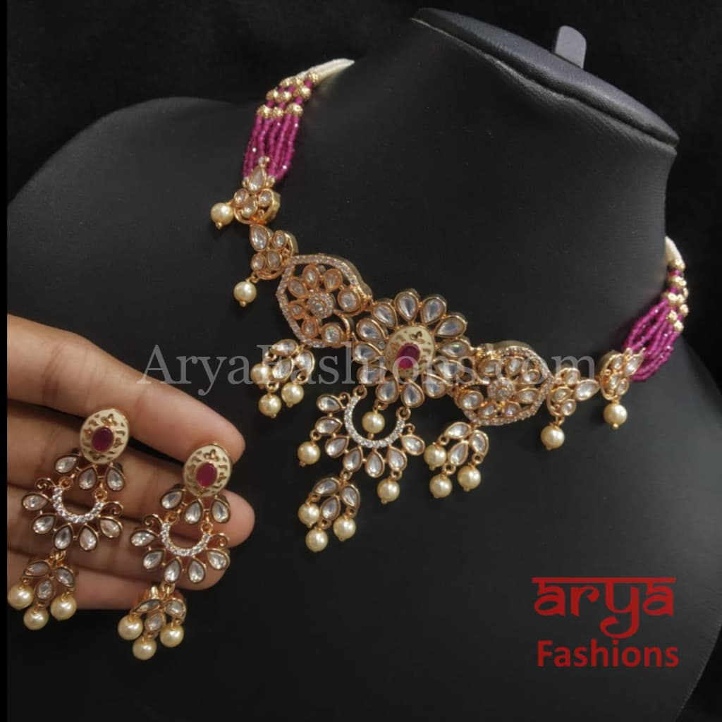 Ruby Rajwadi Pacchi Kundan delicate Choker/ Emerald CZ Jadau Choker