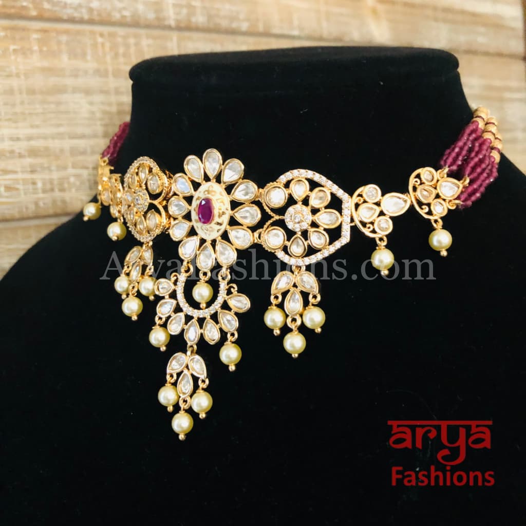 Ruby Rajwadi Pacchi Kundan delicate Choker/ Emerald CZ Jadau Choker