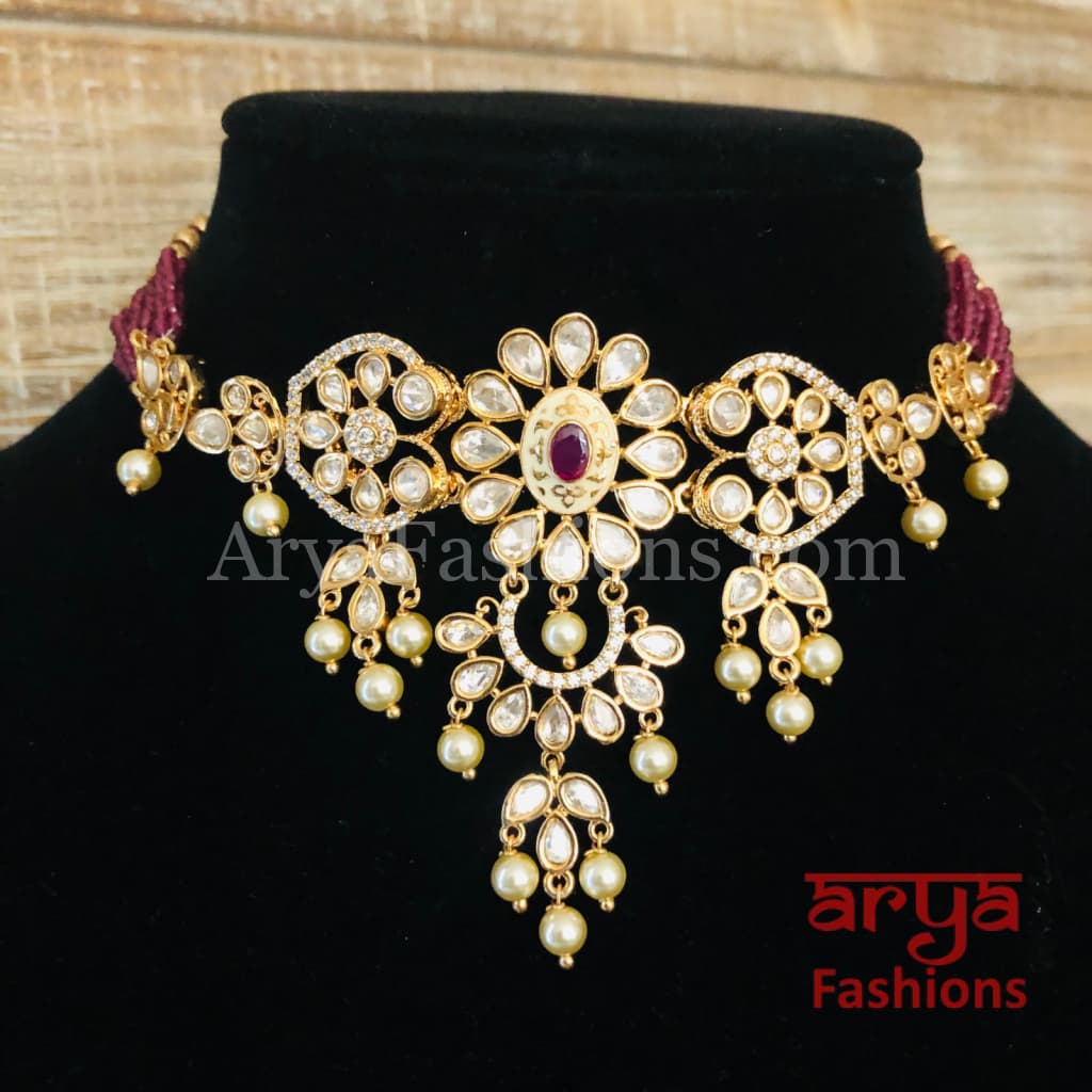 Ruby Rajwadi Pacchi Kundan delicate Choker/ Emerald CZ Jadau Choker