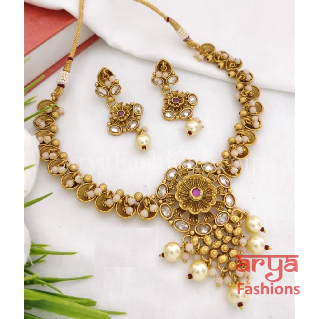 Rumi Antique Golden Necklace set with Kundan Meenakari and Cheed beads