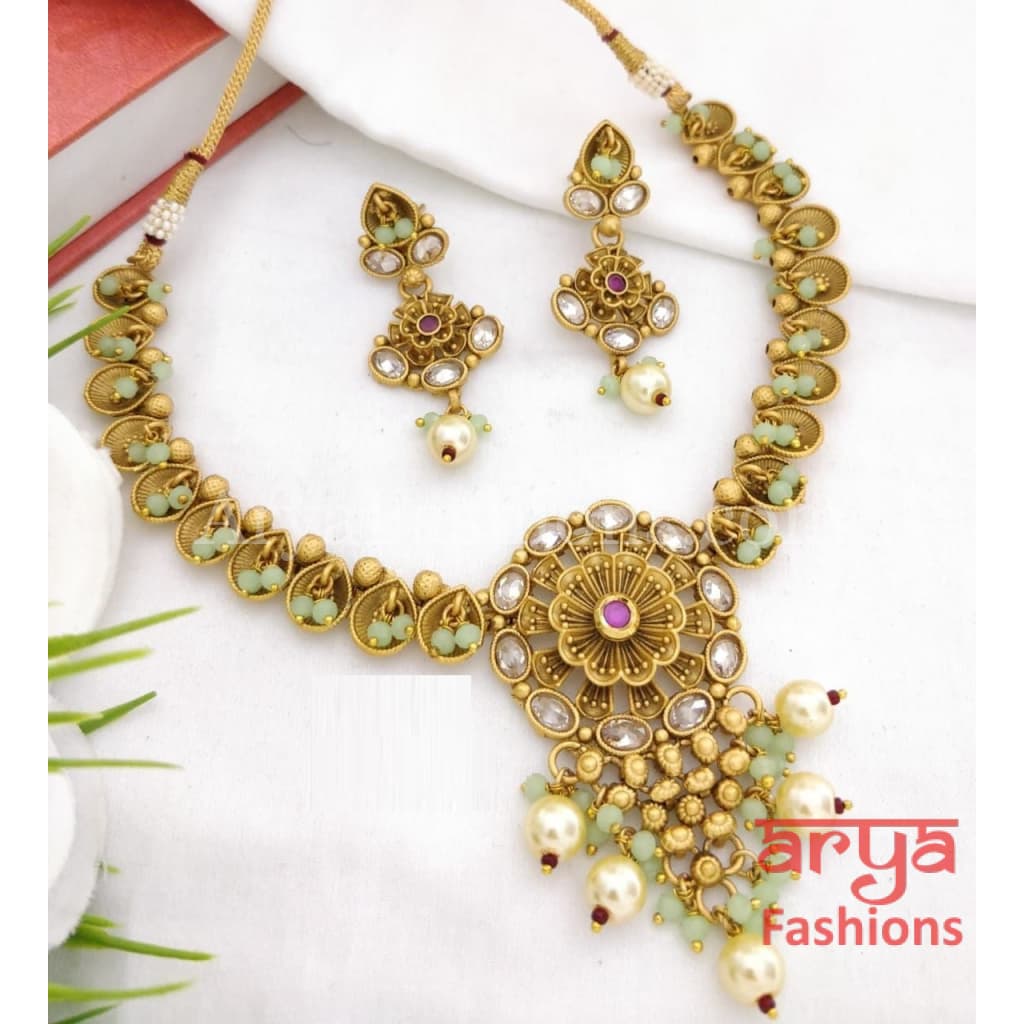 Rumi Antique Golden Necklace set with Kundan Meenakari and Cheed beads