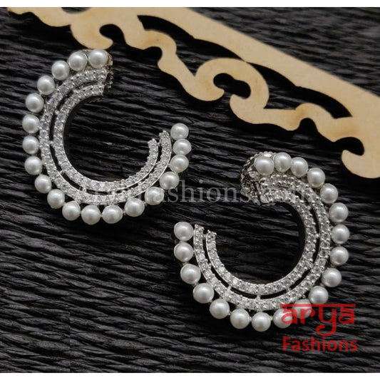 Saloni Silver Half Moon CZ Pearl Studs