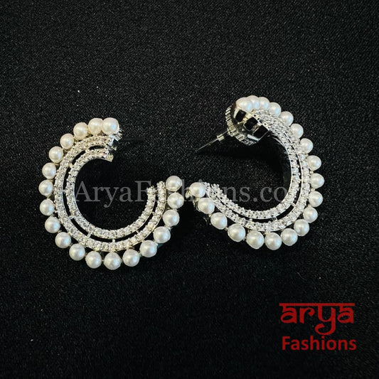 Saloni Silver Half Moon CZ Pearl Studs