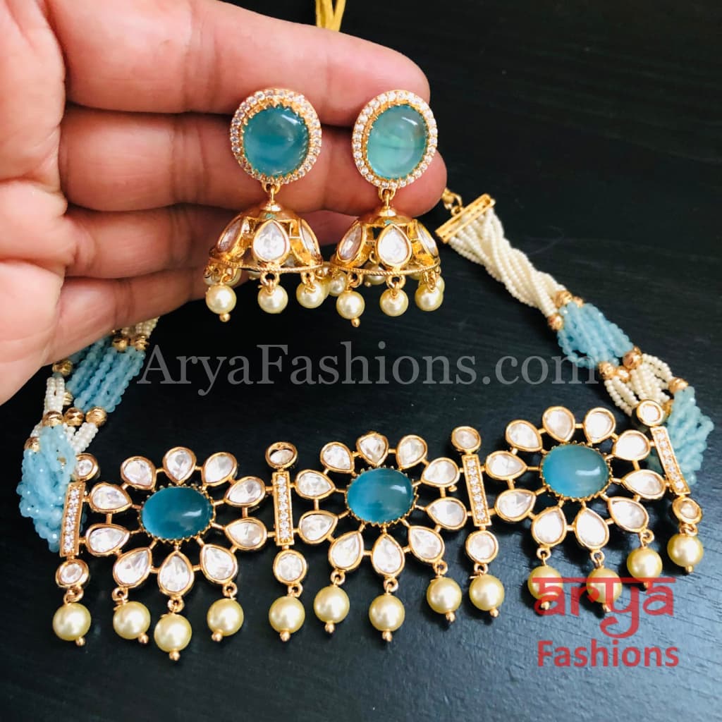 Yellow Pacchi Kundan Beaded Choker/ Blue CZ Choker