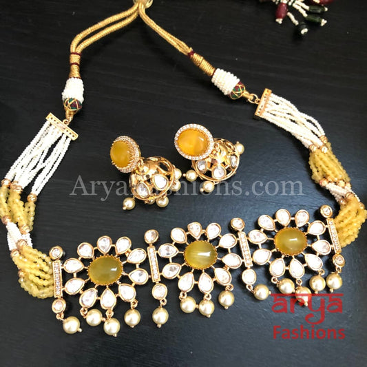 Yellow Pacchi Kundan Beaded Choker/ Blue CZ Choker