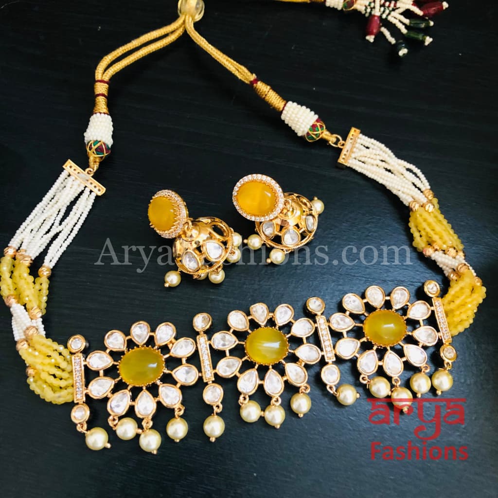 Yellow Pacchi Kundan Beaded Choker/ Blue CZ Choker