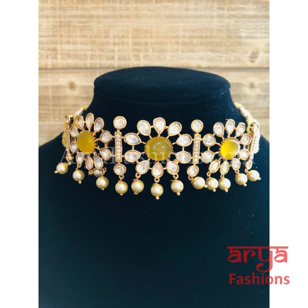 Yellow Pacchi Kundan Beaded Choker/ Blue CZ Choker