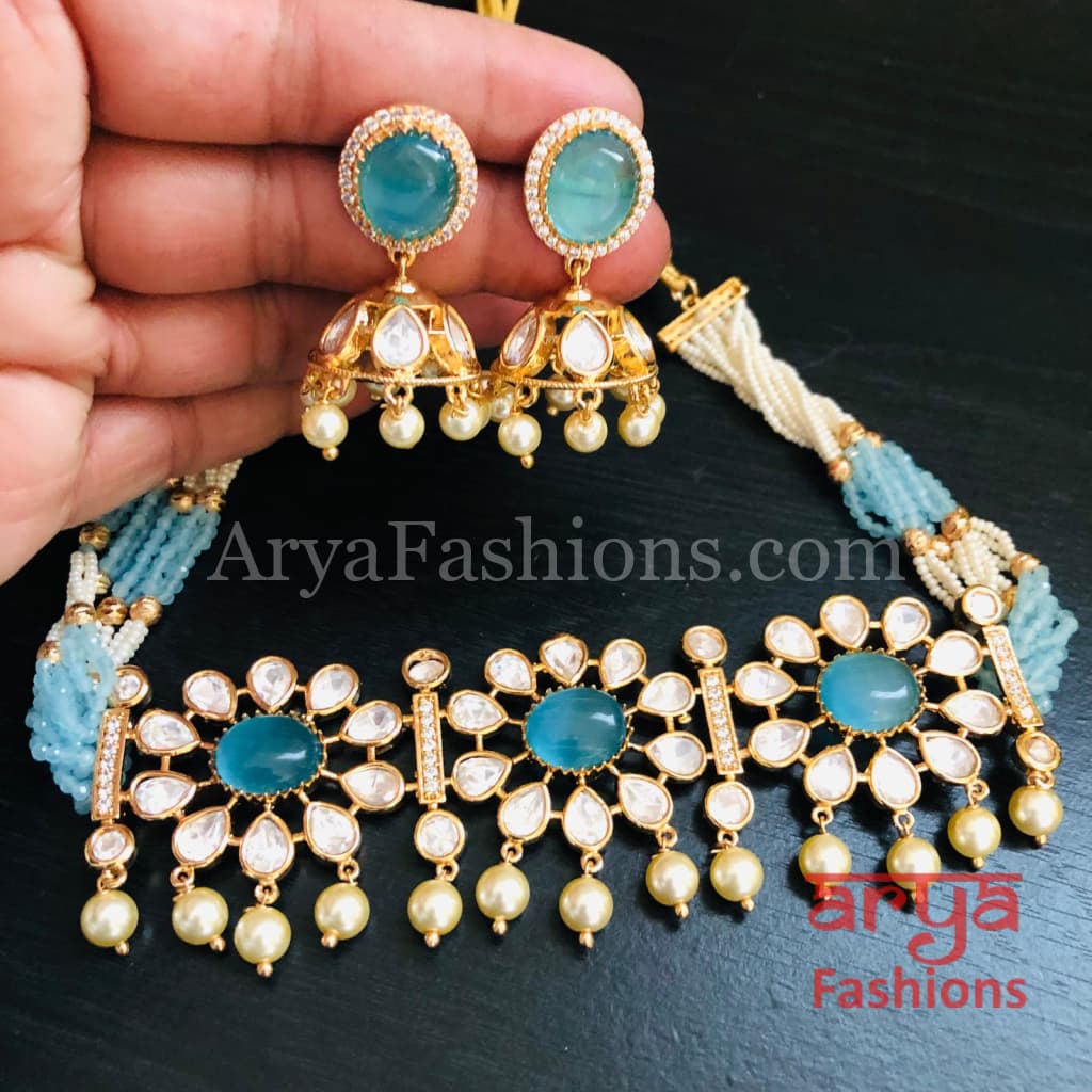 Yellow Pacchi Kundan Beaded Choker/ Blue CZ Choker