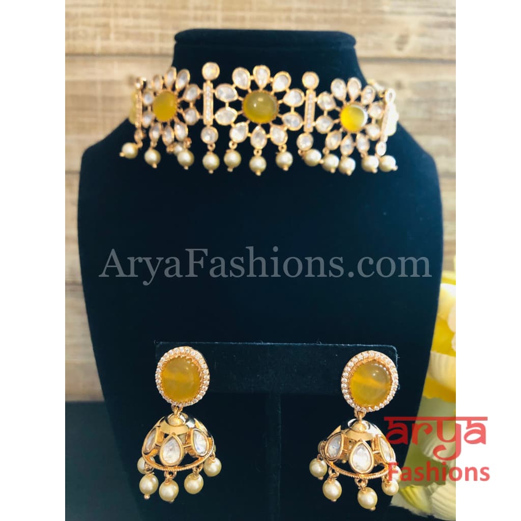 Yellow Pacchi Kundan Beaded Choker/ Blue CZ Choker