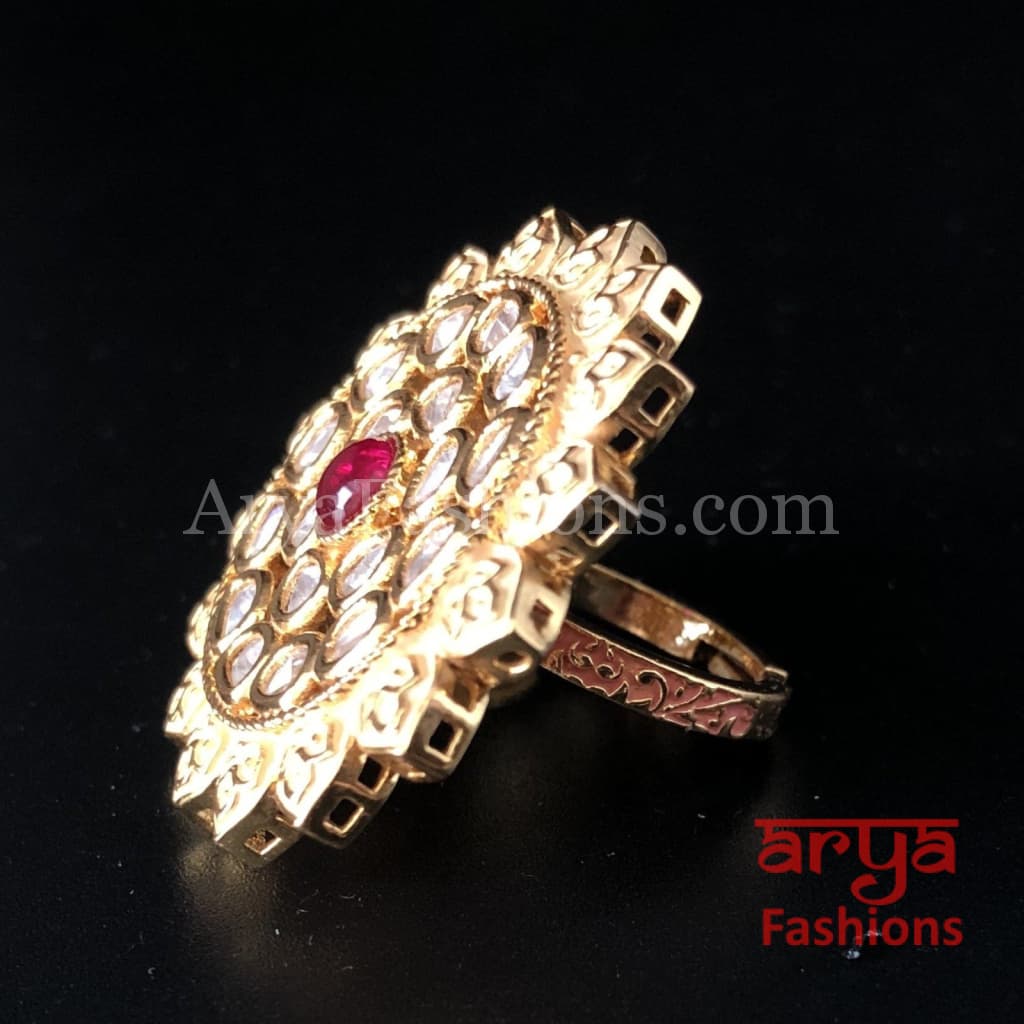 Buy PANASH Gold-plated White Green Kundan-studded Hand-painted Adjustable  Cocktail Finger Ring Online