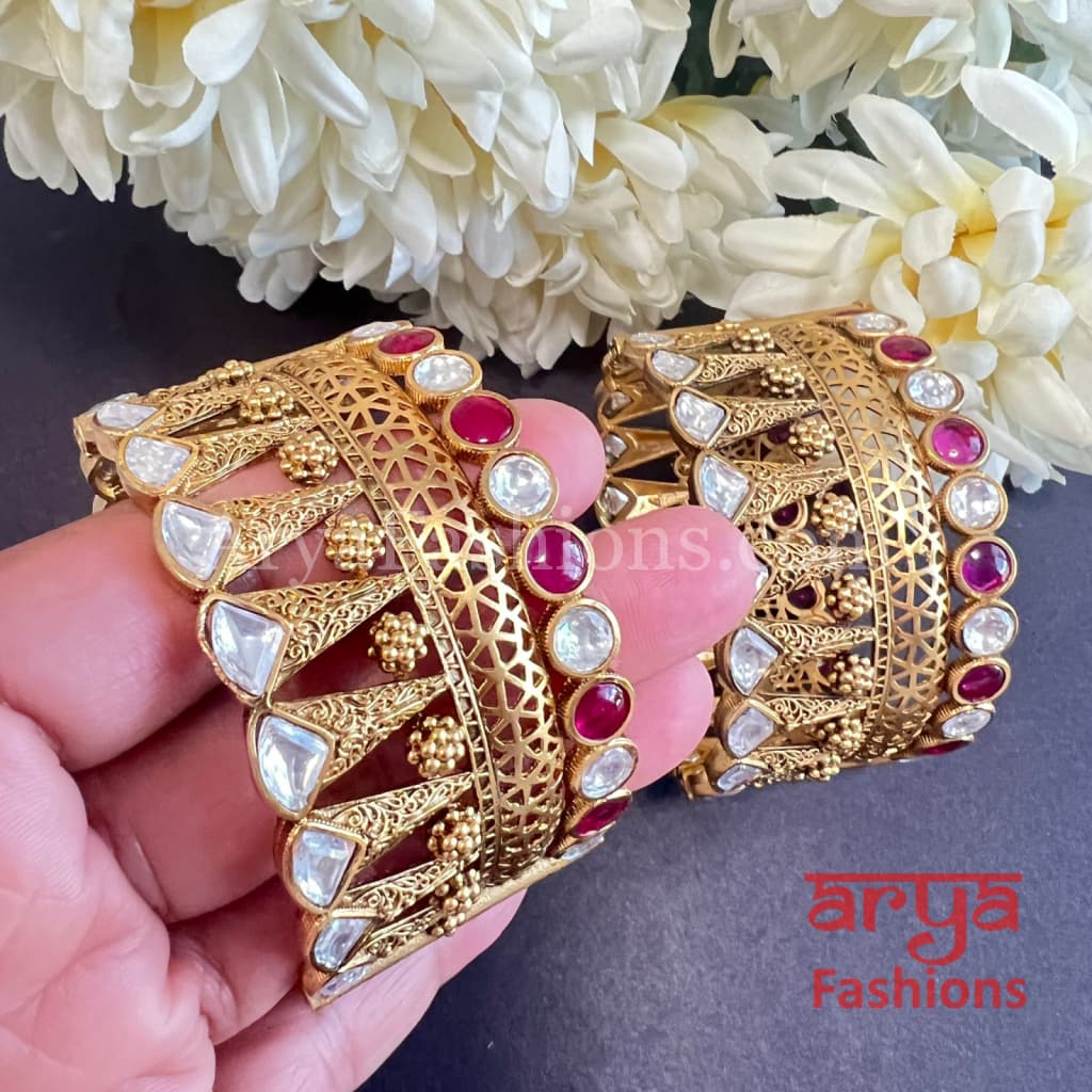 Jaipuri Jadau Kada Openable Bangles with Kundan Stones