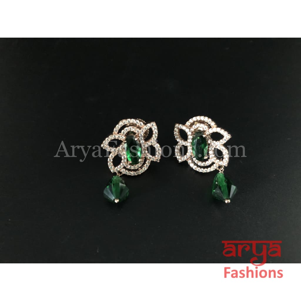 Rose Gold Cubic Zirconia studs with Green Beads