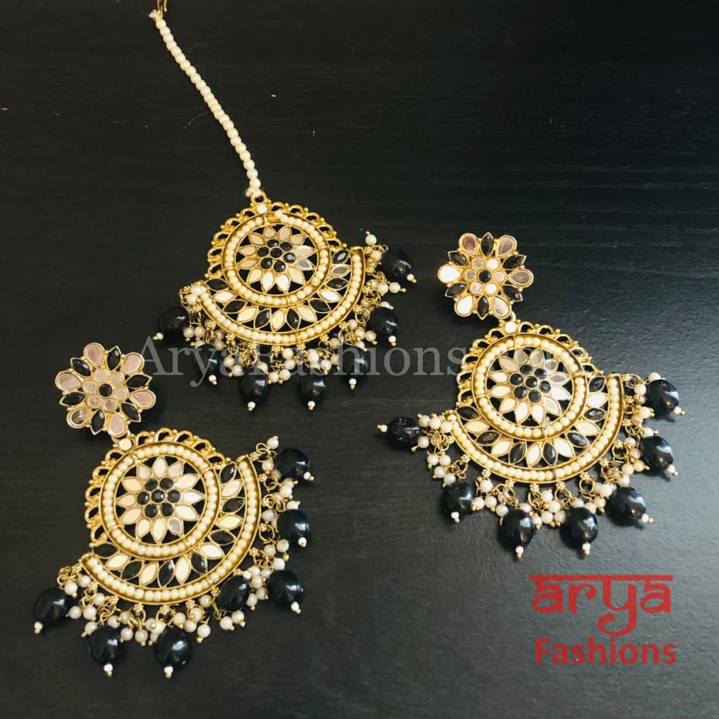 ELEGANT EARRINGS WITH MAANG TIKKA (HEAD PIECE) IN GOLD/NAVY BLUE AND P