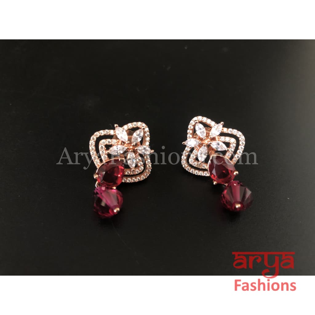 Silver Cubic Zirconia studs with dark Pink Beads in Rose Gold